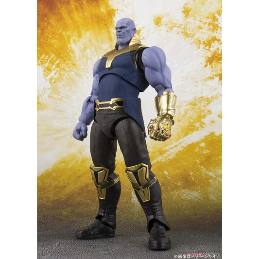 Superhero figure with purple skin and gold accents against a yellow and white background Marvel Studios Avengers: Infinity War Thanos S.H.Figuarts Action Figure by Bandai Tamashii Nations