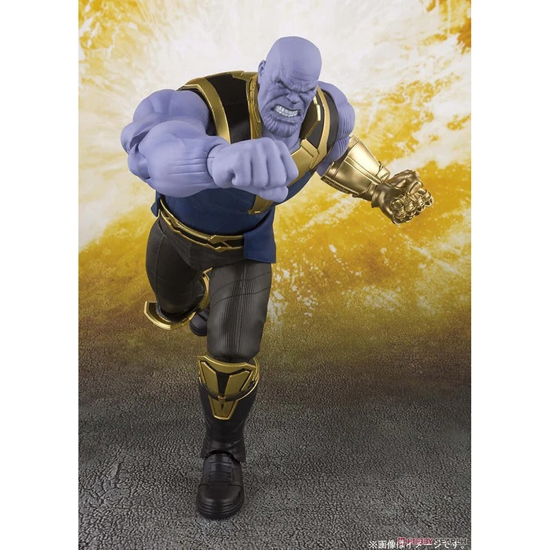 Superhero figurine with purple skin and gold accents against a yellow and gray background Marvel Studios Avengers: Infinity War Thanos S.H.Figuarts Action Figure by Bandai Tamashii Nations