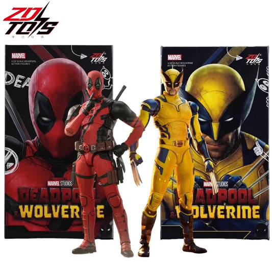 Two superhero action figures in front of their packaging, featuring Deadpool and Wolverine. Marvel Studios Deadpool & Wolverine 1/10 Scale Premium Action Figures by ZD Toys
