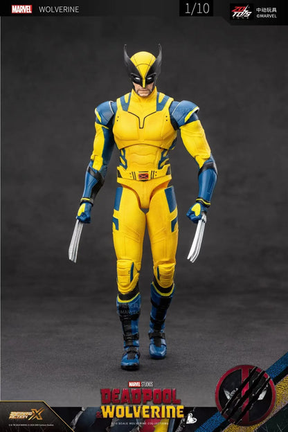 Action figure of a superhero in yellow and blue costume with claws on a dark background Marvel Studios Deadpool & Wolverine 1/10 Scale Premium Action Figures by ZD Toys