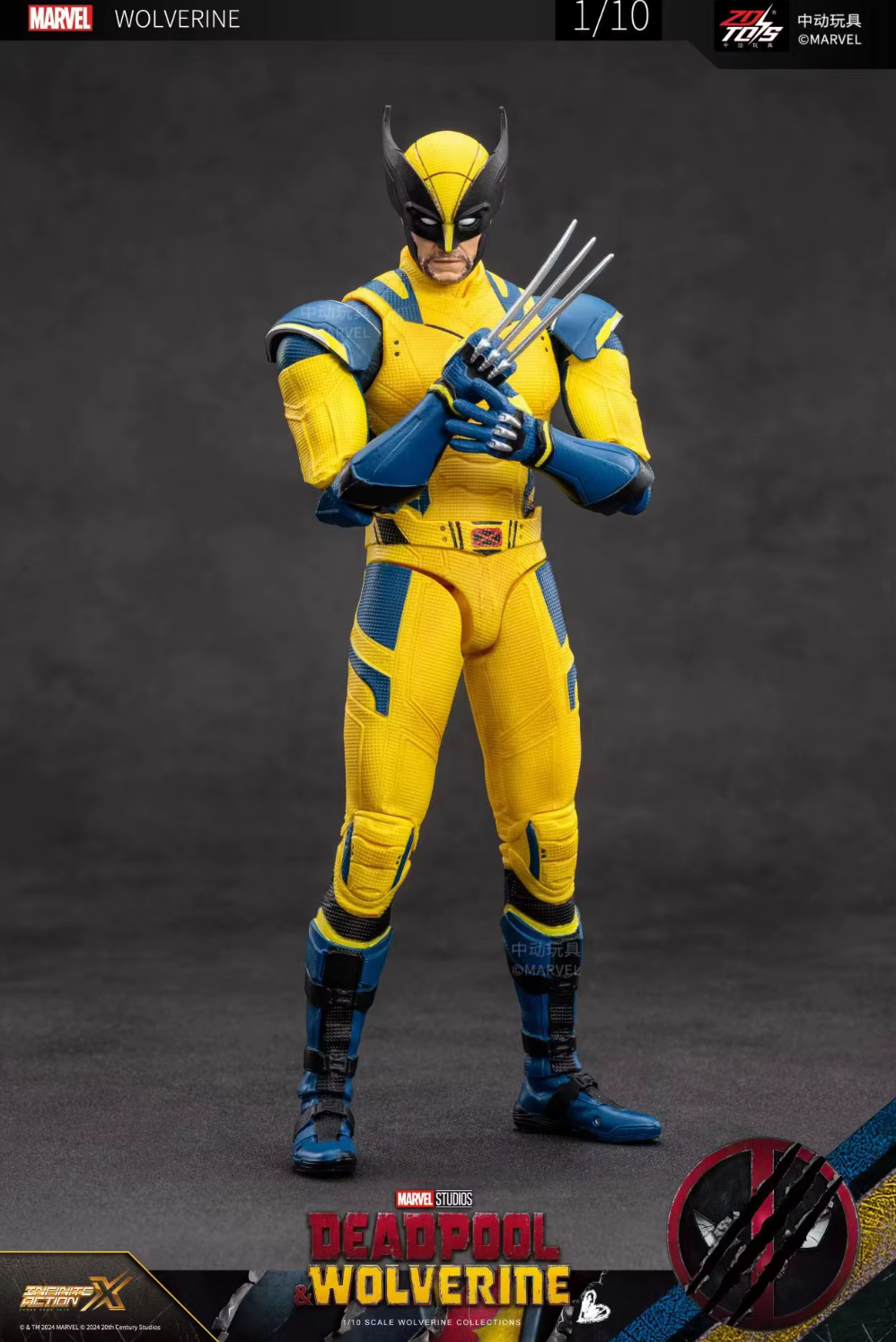 Action figure of a superhero in yellow and blue costume with claws, on a dark background. Marvel Studios Deadpool & Wolverine 1/10 Scale Premium Action Figures by ZD Toys