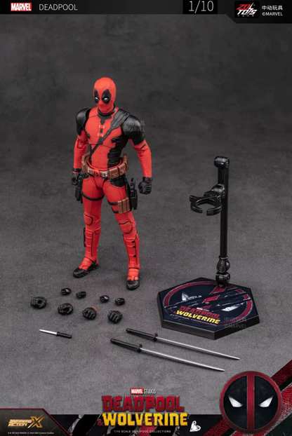 Deadpool action figure with accessories on a gray background Marvel Studios Deadpool & Wolverine 1/10 Scale Premium Action Figures by ZD Toys
