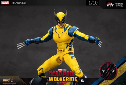 Action figure of a superhero in a yellow and blue costume with claws, on a dark background. Marvel Studios Deadpool & Wolverine 1/10 Scale Premium Action Figures by ZD Toys