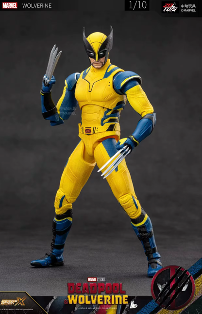 Action figure of a superhero in a yellow and blue costume with claws, on a dark background. Marvel Studios Deadpool & Wolverine 1/10 Scale Premium Action Figures by ZD Toys
