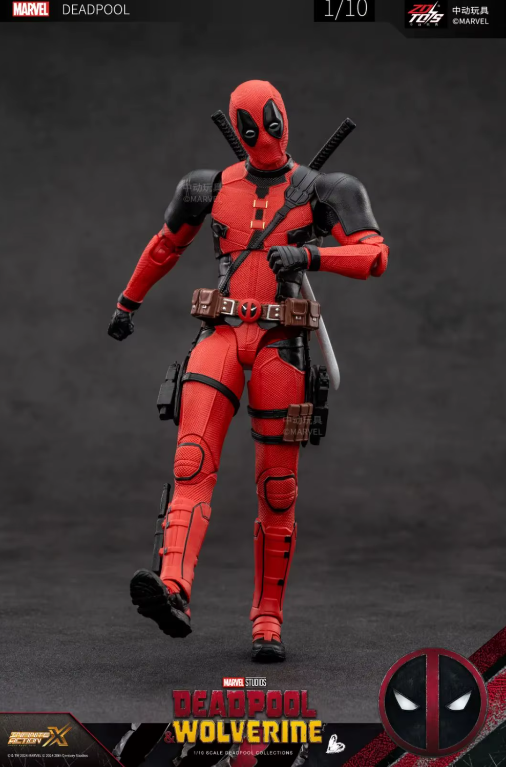 Deadpool action figure on a dark background with Marvel branding. Marvel Studios Deadpool & Wolverine 1/10 Scale Premium Action Figures by ZD Toys