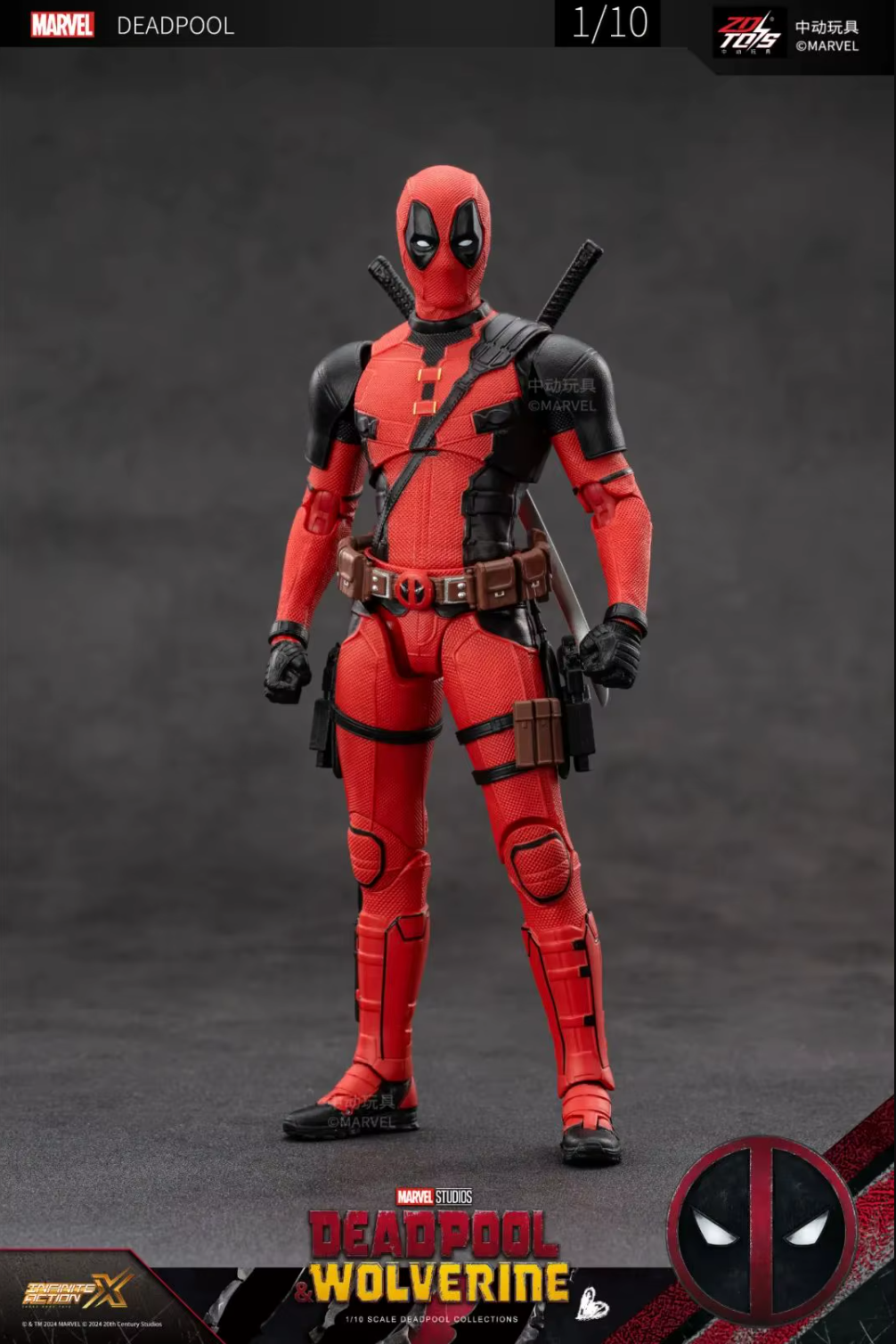 Deadpool action figure with red and black suit on a gray background Marvel Studios Deadpool & Wolverine 1/10 Scale Premium Action Figures by ZD Toys