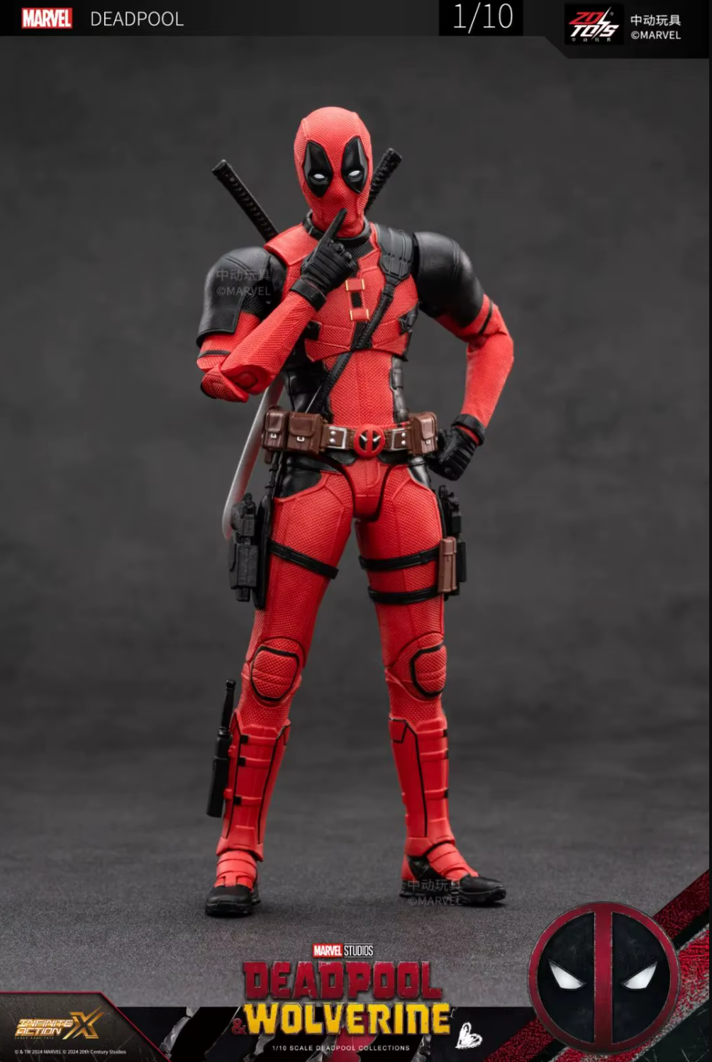Deadpool action figure with accessories on a dark background Marvel Studios Deadpool & Wolverine 1/10 Scale Premium Action Figures by ZD Toys