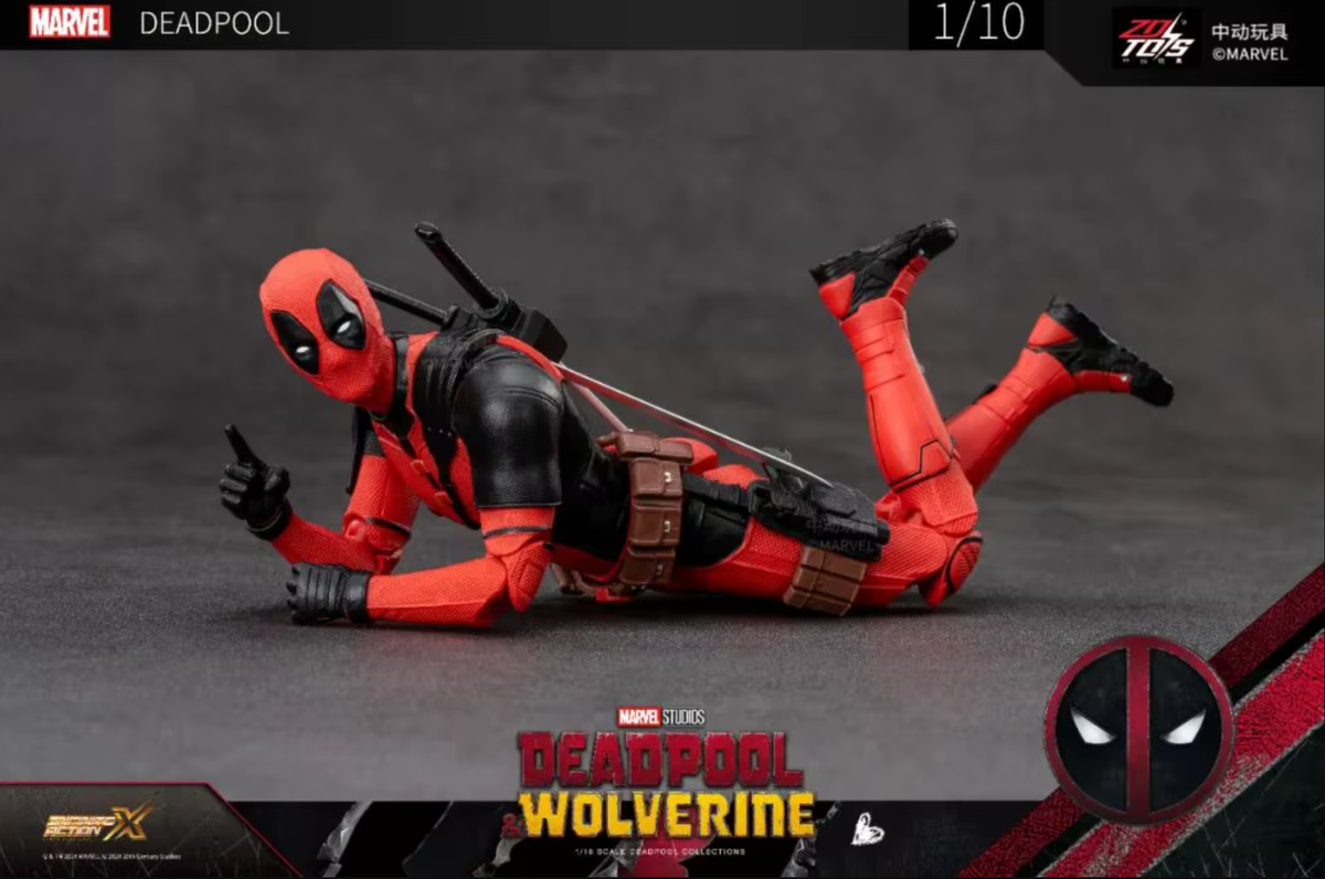 Deadpool action figure lying on a gray surface with branding and text around it. Marvel Studios Deadpool & Wolverine 1/10 Scale Premium Action Figures by ZD Toys