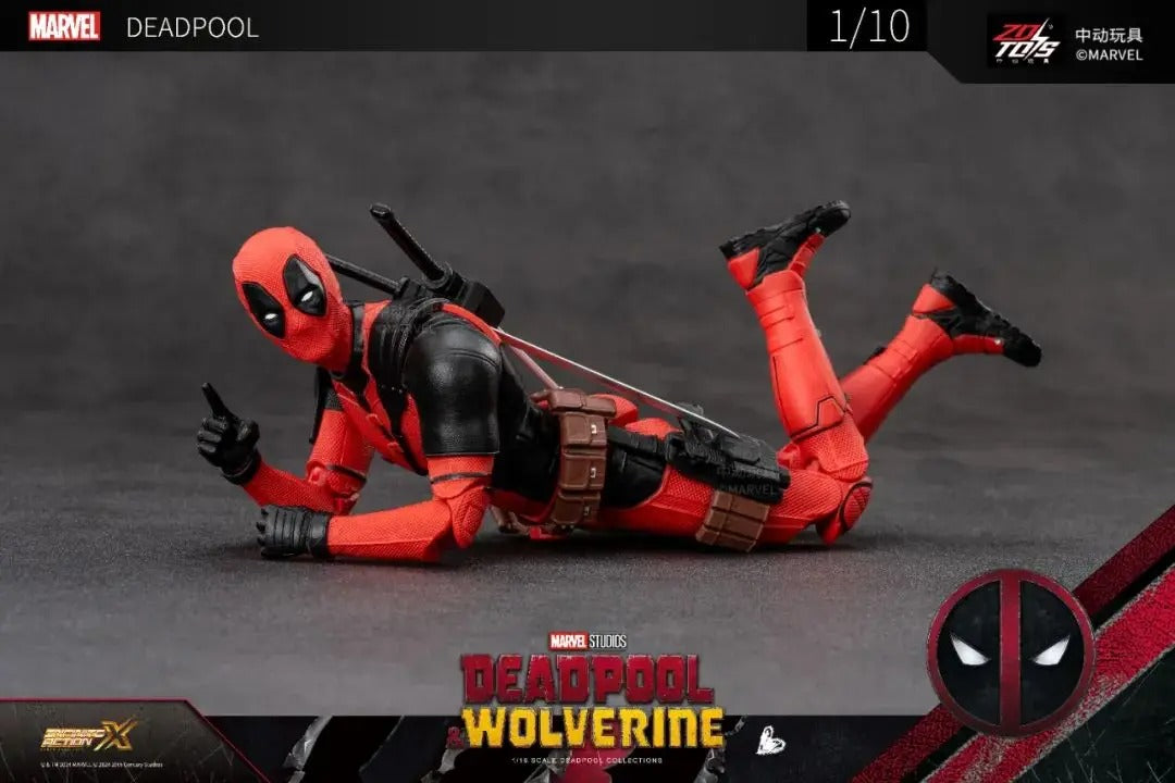 Deadpool action figure on a gray background with branding elements. Marvel Studios Deadpool & Wolverine 1/10 Scale Premium Action Figures by ZD Toys