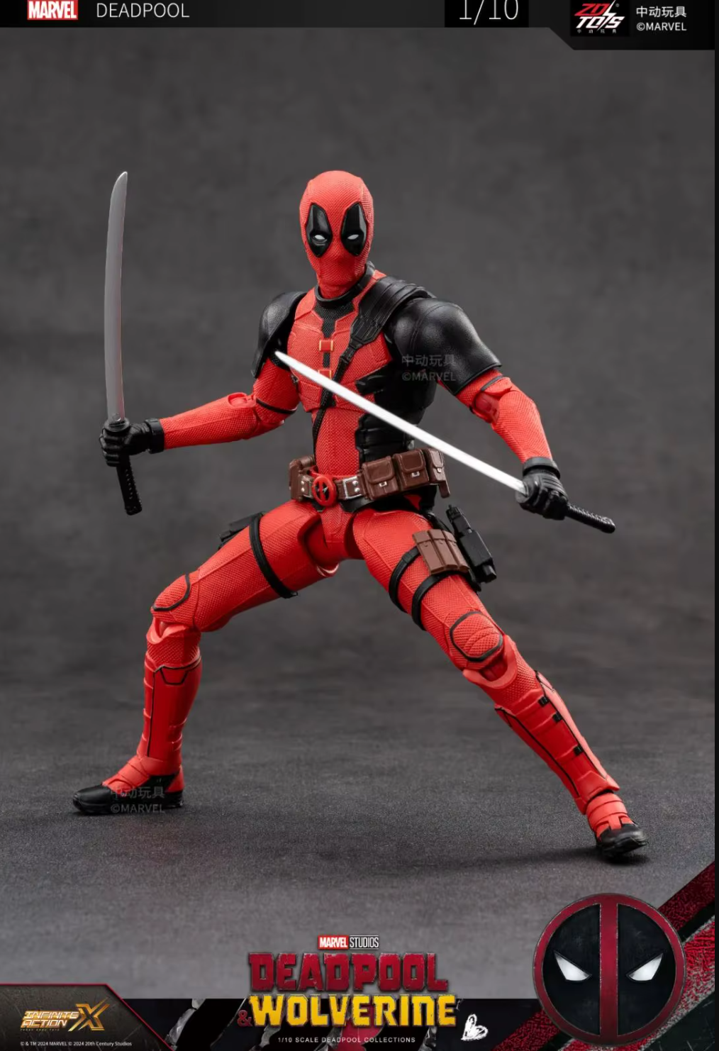 Deadpool action figure in red and black costume with weapons on a gray background Marvel Studios Deadpool & Wolverine 1/10 Scale Premium Action Figures by ZD Toys