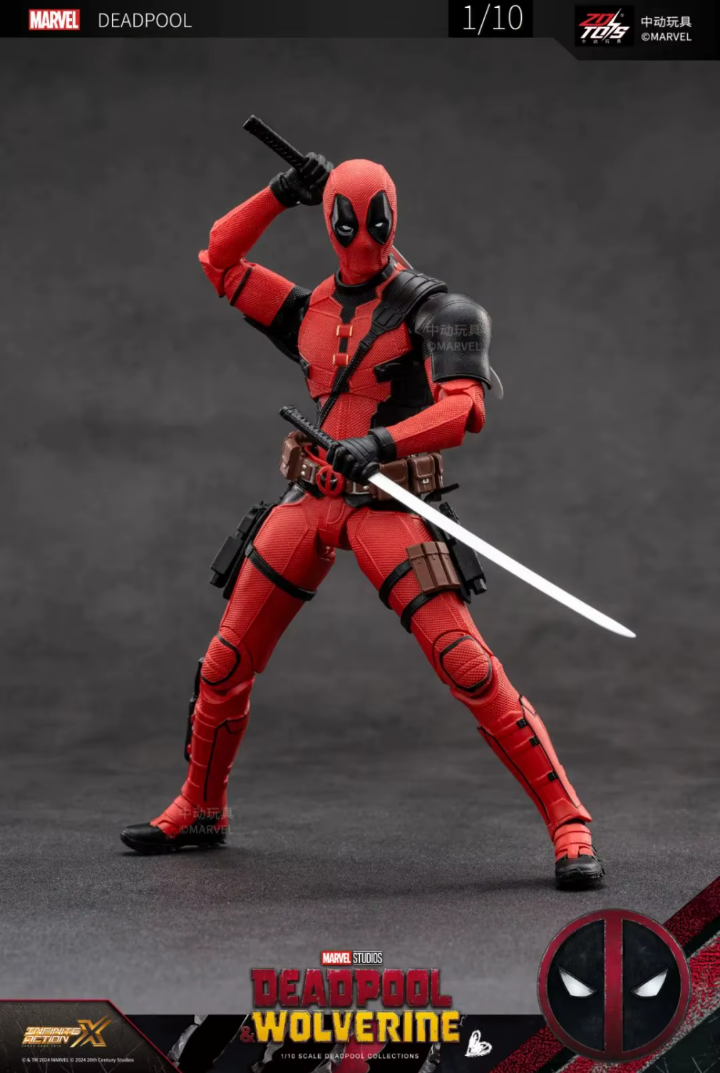 Deadpool action figure in red and black costume with sword on gray  Marvel Studios Deadpool & Wolverine 1/10 Scale Premium Action Figures by ZD Toysbackground