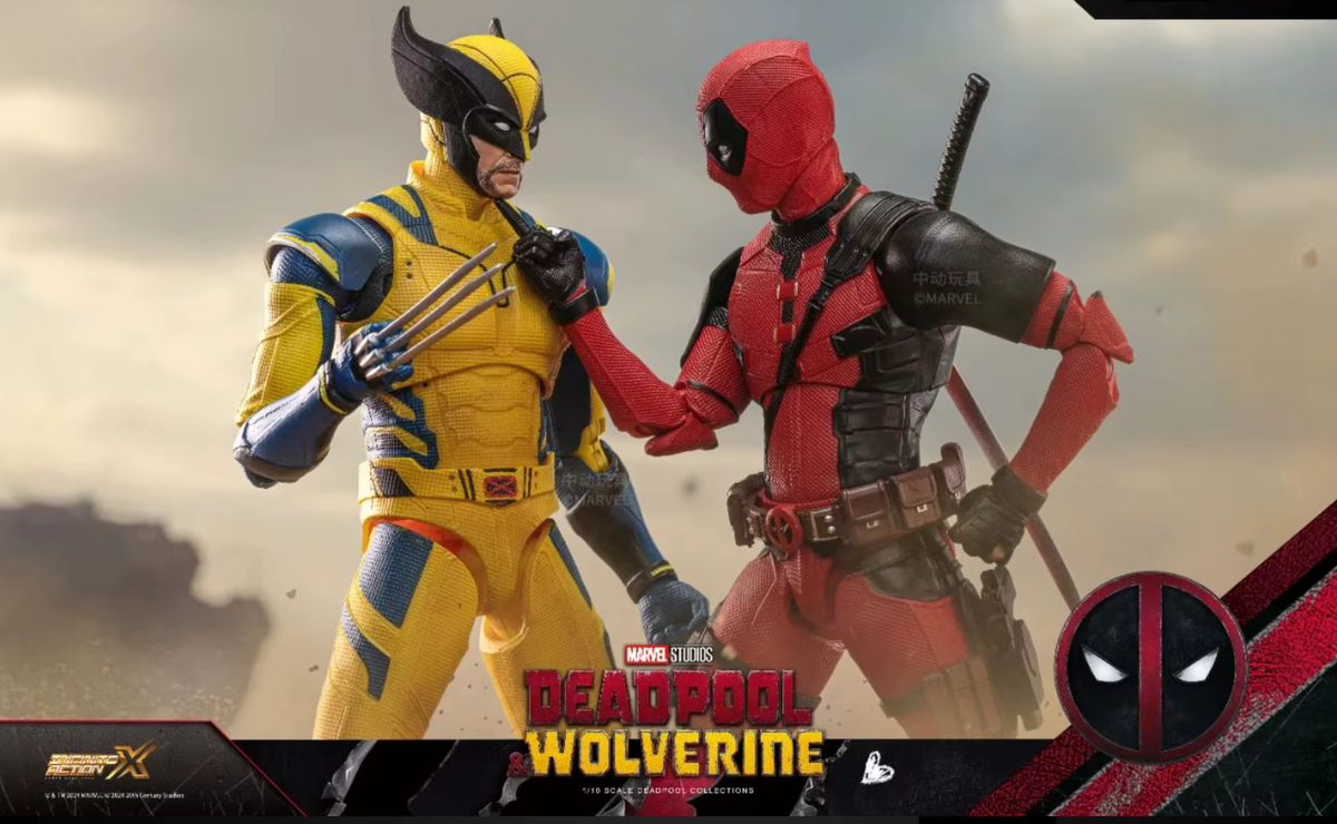 Two superhero figures, one in yellow and blue and the other in red and black, standing against a cloudy sky. Marvel Studios Deadpool & Wolverine 1/10 Scale Premium Action Figures by ZD Toys