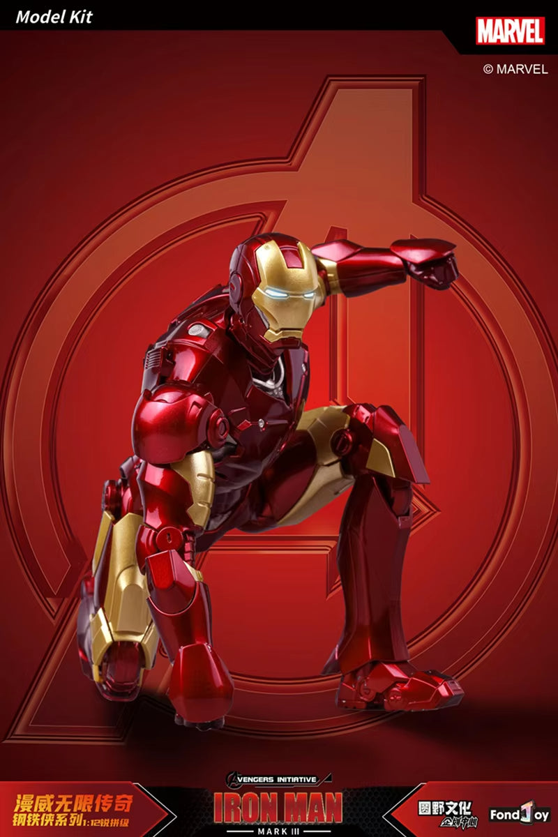 Marvel Iron Man model kit on a red background with Avengers logo Marvel Studios Iron Man (Hall of Armor Series: MK1 to MK7 Independent Releases & Definitive All-In Bundle) 1/12 Scale Premium Action Figures by FondJoy