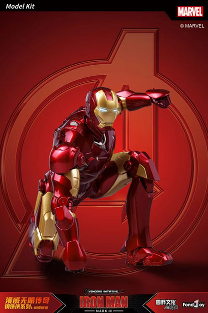 Marvel Iron Man model kit on a red background with Avengers logo Marvel Studios Iron Man (Hall of Armor Series: MK1 to MK7 Independent Releases & Definitive All-In Bundle) 1/12 Scale Premium Action Figures by FondJoy