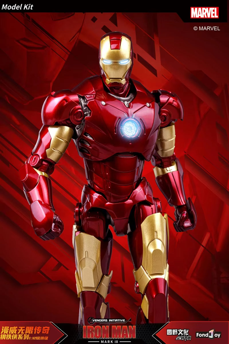 Marvel Iron Man model kit with red and gold armor on a red background Marvel Studios Iron Man (Hall of Armor Series: MK1 to MK7 Independent Releases & Definitive All-In Bundle) 1/12 Scale Premium Action Figures by FondJoy