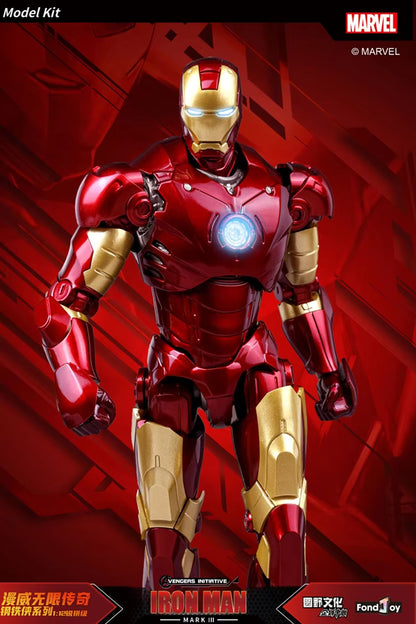 Marvel Iron Man model kit with red and gold armor on a red background Marvel Studios Iron Man (Hall of Armor Series: MK1 to MK7 Independent Releases & Definitive All-In Bundle) 1/12 Scale Premium Action Figures by FondJoy