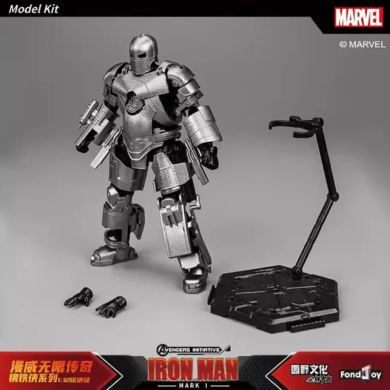 Marvel Iron Man model kit with stand on a gray background Marvel Studios Iron Man (Hall of Armor Series: MK1 to MK7 Independent Releases & Definitive All-In Bundle) 1/12 Scale Premium Action Figures by FondJoy