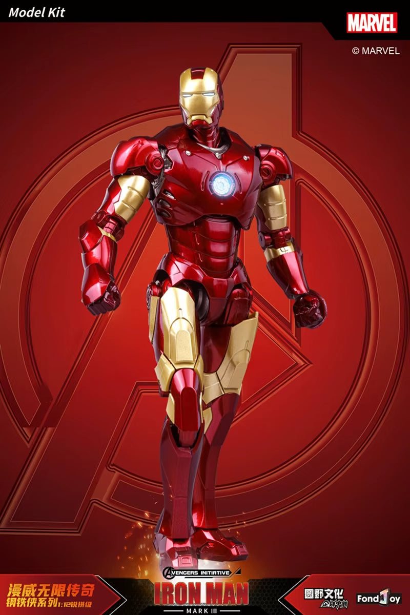 Iron Man model kit with Marvel logo on a red background Marvel Studios Iron Man (Hall of Armor Series: MK1 to MK7 Independent Releases & Definitive All-In Bundle) 1/12 Scale Premium Action Figures by FondJoy