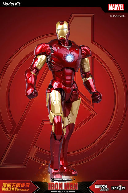 Iron Man model kit with Marvel logo on a red background Marvel Studios Iron Man (Hall of Armor Series: MK1 to MK7 Independent Releases & Definitive All-In Bundle) 1/12 Scale Premium Action Figures by FondJoy