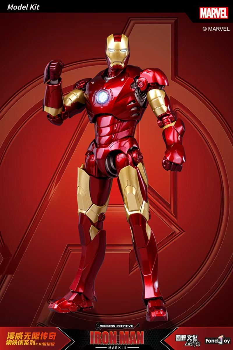 Marvel Iron Man model kit on a red background with Marvel logo Marvel Studios Iron Man (Hall of Armor Series: MK1 to MK7 Independent Releases & Definitive All-In Bundle) 1/12 Scale Premium Action Figures by FondJoy