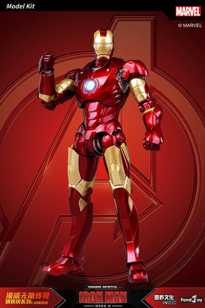 Marvel Iron Man model kit on a red background with Marvel logo Marvel Studios Iron Man (Hall of Armor Series: MK1 to MK7 Independent Releases & Definitive All-In Bundle) 1/12 Scale Premium Action Figures by FondJoy