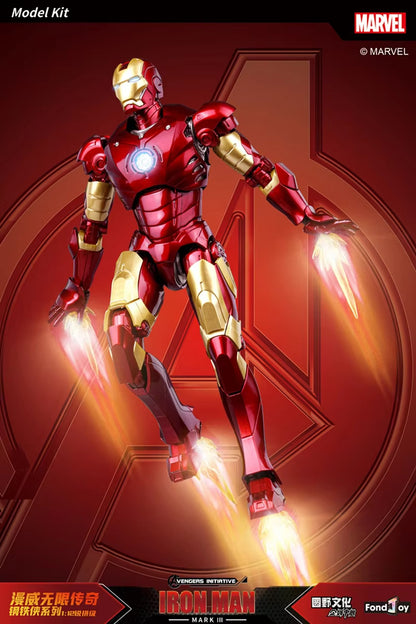 Model kit of Iron Man in red and gold against a red background with Marvel logo. Marvel Studios Iron Man (Hall of Armor Series: MK1 to MK7 Independent Releases & Definitive All-In Bundle) 1/12 Scale Premium Action Figures by FondJoy