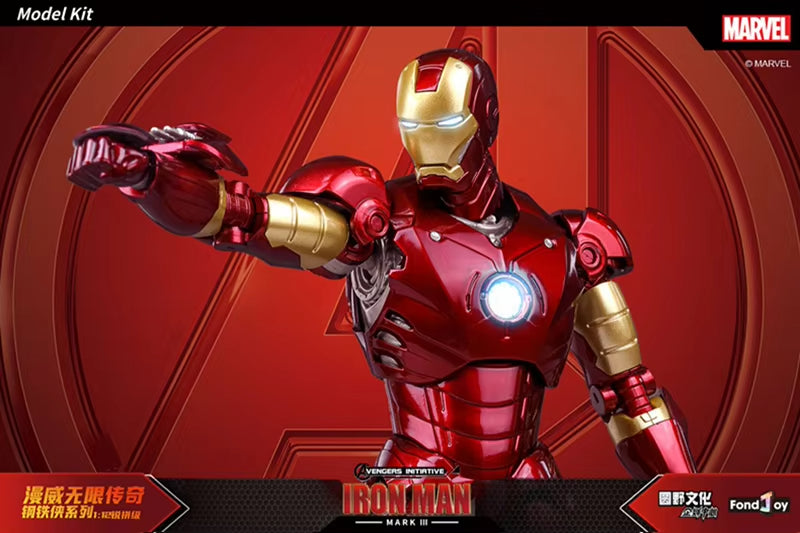 Marvel Iron Man model kit with red and gold color scheme on a red background Marvel Studios Iron Man (Hall of Armor Series: MK1 to MK7 Independent Releases & Definitive All-In Bundle) 1/12 Scale Premium Action Figures by FondJoy
