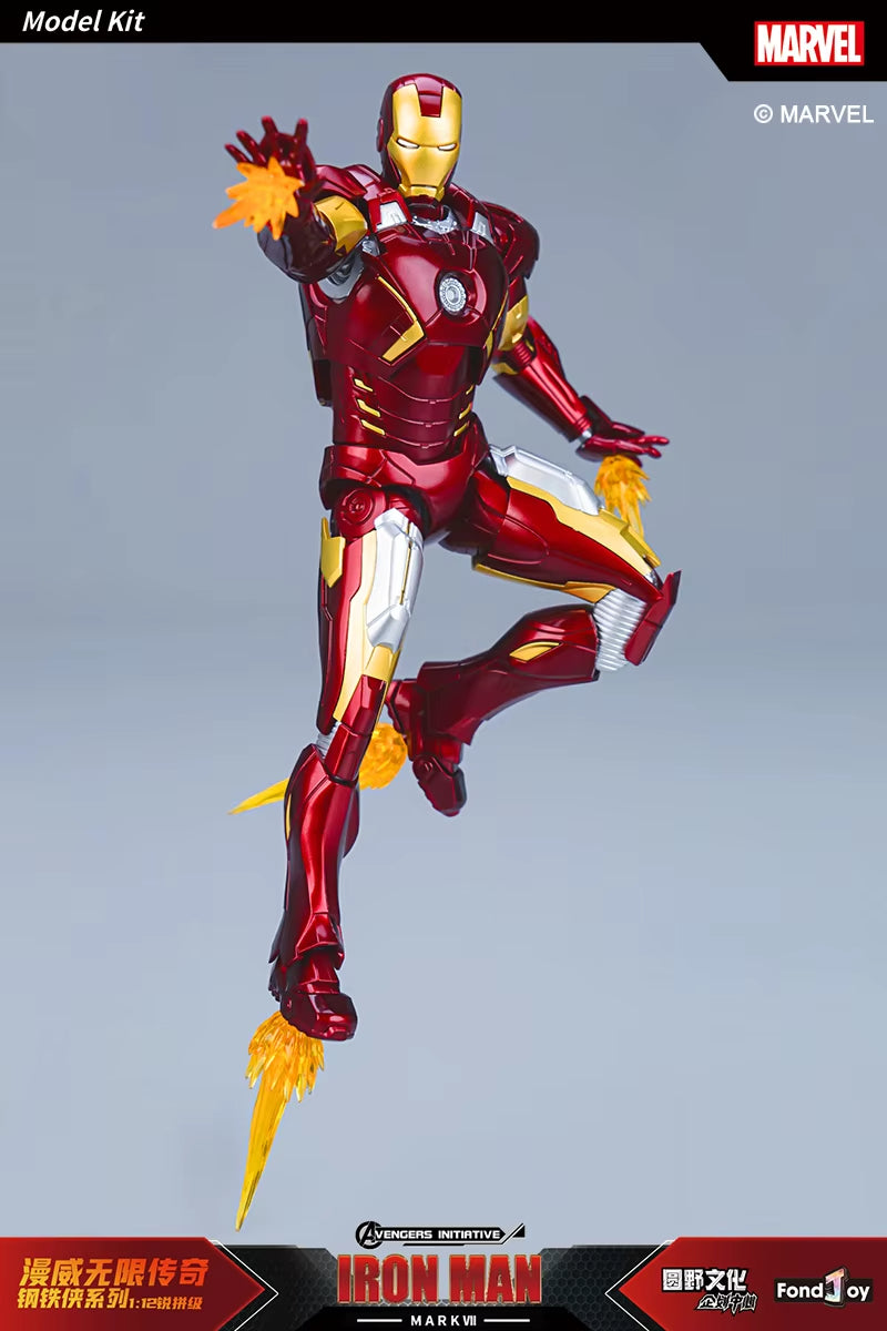 Model kit of Iron Man in red and gold suit with Marvel branding on a gray background Marvel Studios Iron Man (Hall of Armor Series: MK1 to MK7 Independent Releases & Definitive All-In Bundle) 1/12 Scale Premium Action Figures by FondJoy
