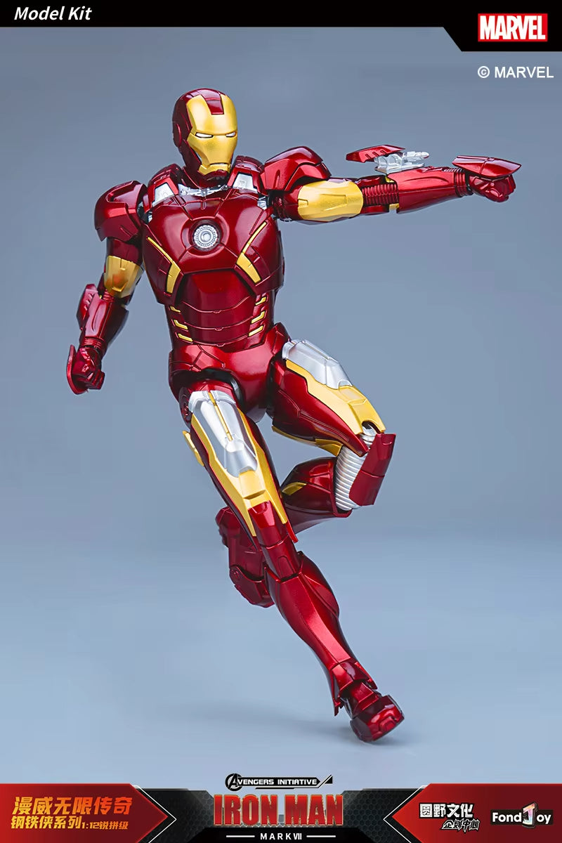 Model kit of Iron Man in red and gold armor on a gray background with Marvel branding. Marvel Studios Iron Man (Hall of Armor Series: MK1 to MK7 Independent Releases & Definitive All-In Bundle) 1/12 Scale Premium Action Figures by FondJoy