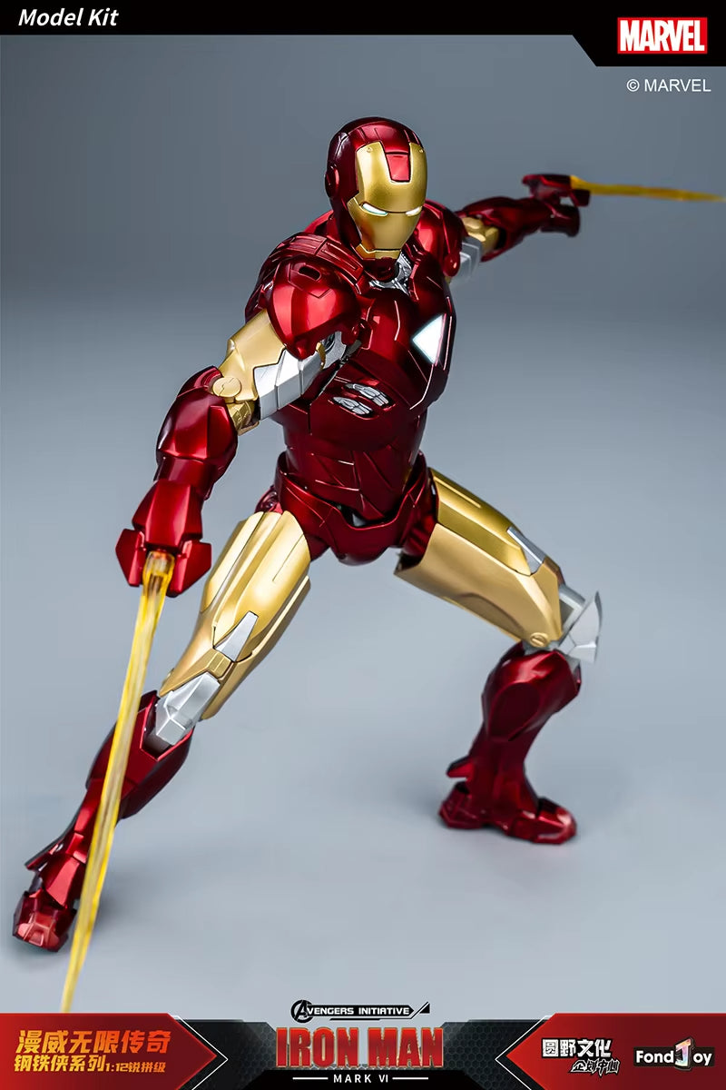 Model kit of Iron Man in red and gold armor on a gray background with Marvel branding. Marvel Studios Iron Man (Hall of Armor Series: MK1 to MK7 Independent Releases & Definitive All-In Bundle) 1/12 Scale Premium Action Figures by FondJoy