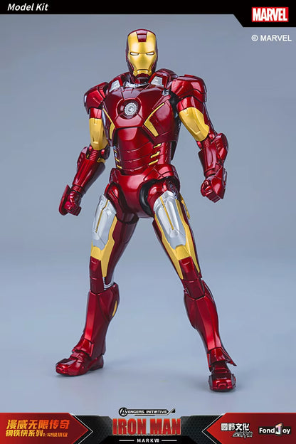 Marvel Iron Man model kit on a gray background Marvel Studios Iron Man (Hall of Armor Series: MK1 to MK7 Independent Releases & Definitive All-In Bundle) 1/12 Scale Premium Action Figures by FondJoy