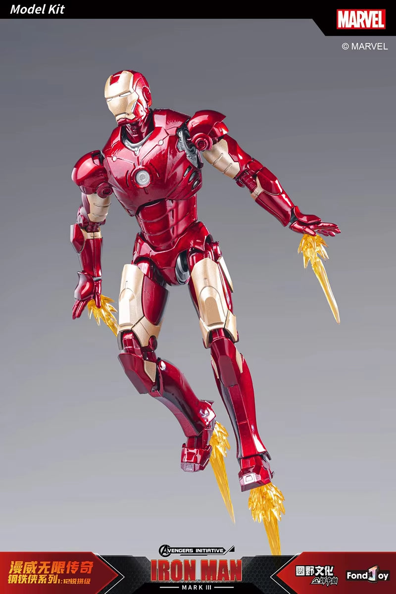 Model kit of Iron Man in red and gold armor on a gray background with Marvel branding. Marvel Studios Iron Man (Hall of Armor Series: MK1 to MK7 Independent Releases & Definitive All-In Bundle) 1/12 Scale Premium Action Figures by FondJoy