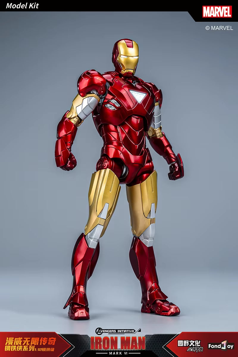 Model kit of Iron Man in red and gold armor on a gray background with Marvel branding. Marvel Studios Iron Man (Hall of Armor Series: MK1 to MK7 Independent Releases & Definitive All-In Bundle) 1/12 Scale Premium Action Figures by FondJoy