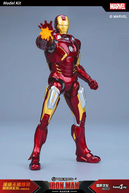 Model kit of Iron Man in red and gold suit on a gray background with Marvel logo. Marvel Studios Iron Man (Hall of Armor Series: MK1 to MK7 Independent Releases & Definitive All-In Bundle) 1/12 Scale Premium Action Figures by FondJoy 
