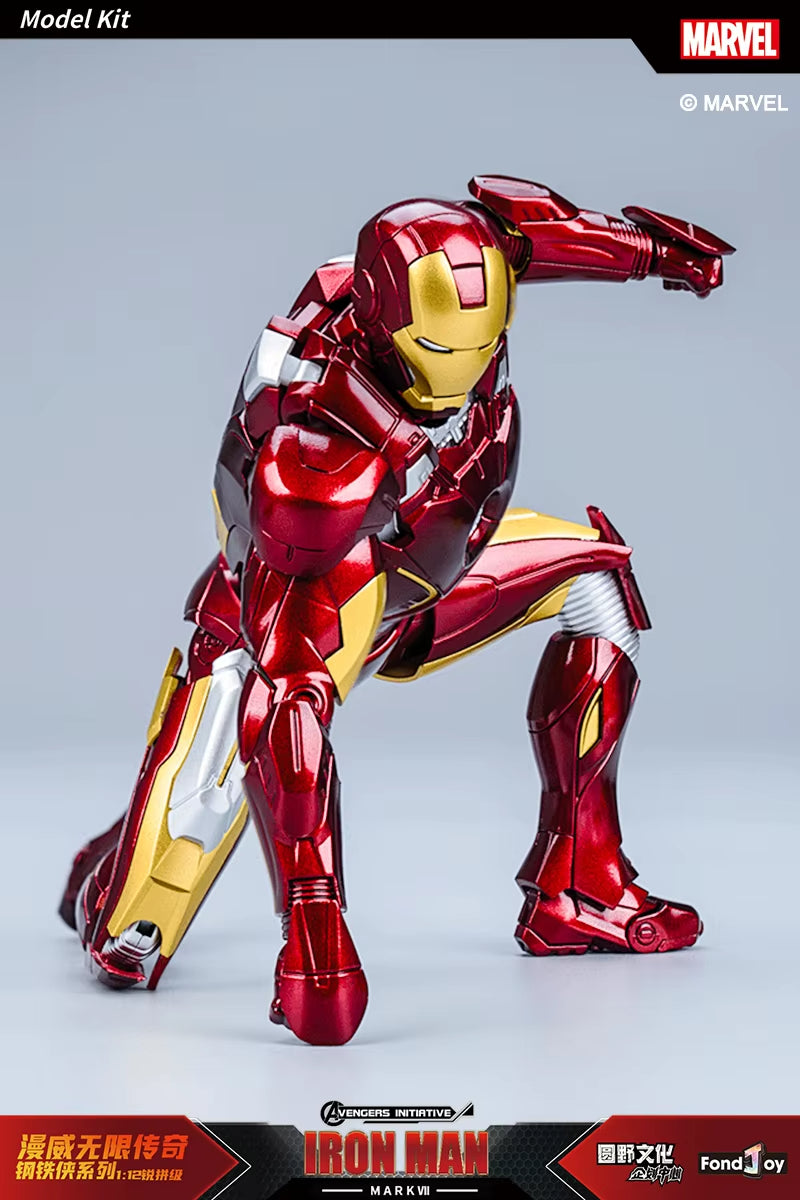 Model kit of Iron Man in red and gold armor on a gray background with Marvel branding. Marvel Studios Iron Man (Hall of Armor Series: MK1 to MK7 Independent Releases & Definitive All-In Bundle) 1/12 Scale Premium Action Figures by FondJoy