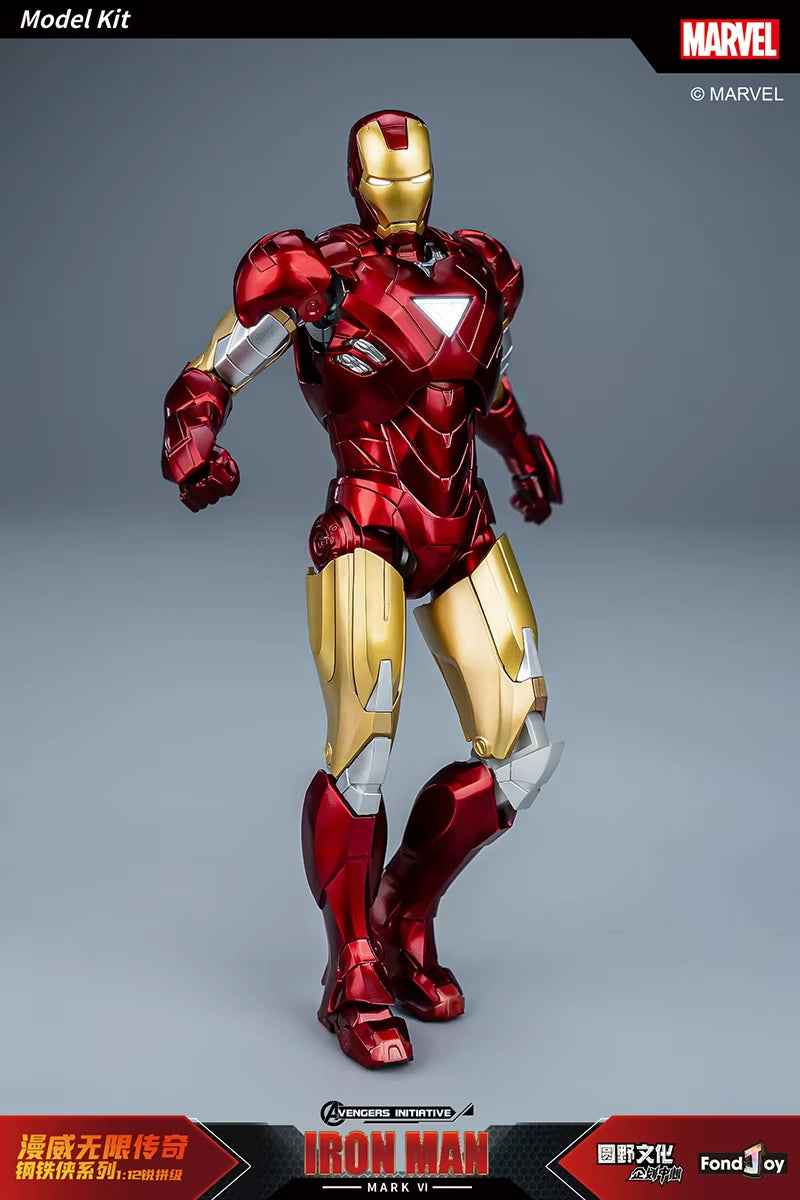 Model kit of Iron Man in red and gold armor on a gray background with Marvel branding. Marvel Studios Iron Man (Hall of Armor Series: MK1 to MK7 Independent Releases & Definitive All-In Bundle) 1/12 Scale Premium Action Figures by FondJoy
