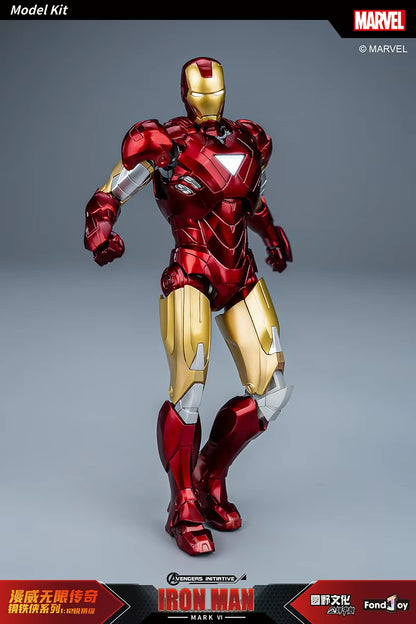 Model kit of Iron Man in red and gold armor on a gray background with Marvel branding. Marvel Studios Iron Man (Hall of Armor Series: MK1 to MK7 Independent Releases & Definitive All-In Bundle) 1/12 Scale Premium Action Figures by FondJoy