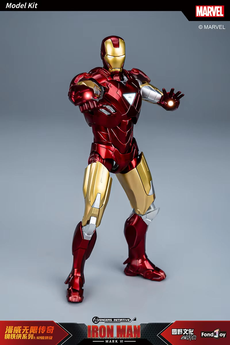 Iron Man model kit with Marvel branding on a gray background Marvel Studios Iron Man (Hall of Armor Series: MK1 to MK7 Independent Releases & Definitive All-In Bundle) 1/12 Scale Premium Action Figures by FondJoy