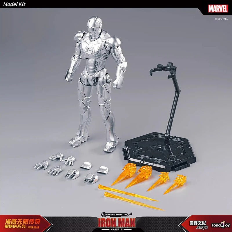 Marvel Iron Man model kit with parts on a gray background Marvel Studios Iron Man (Hall of Armor Series: MK1 to MK7 Independent Releases & Definitive All-In Bundle) 1/12 Scale Premium Action Figures by FondJoy