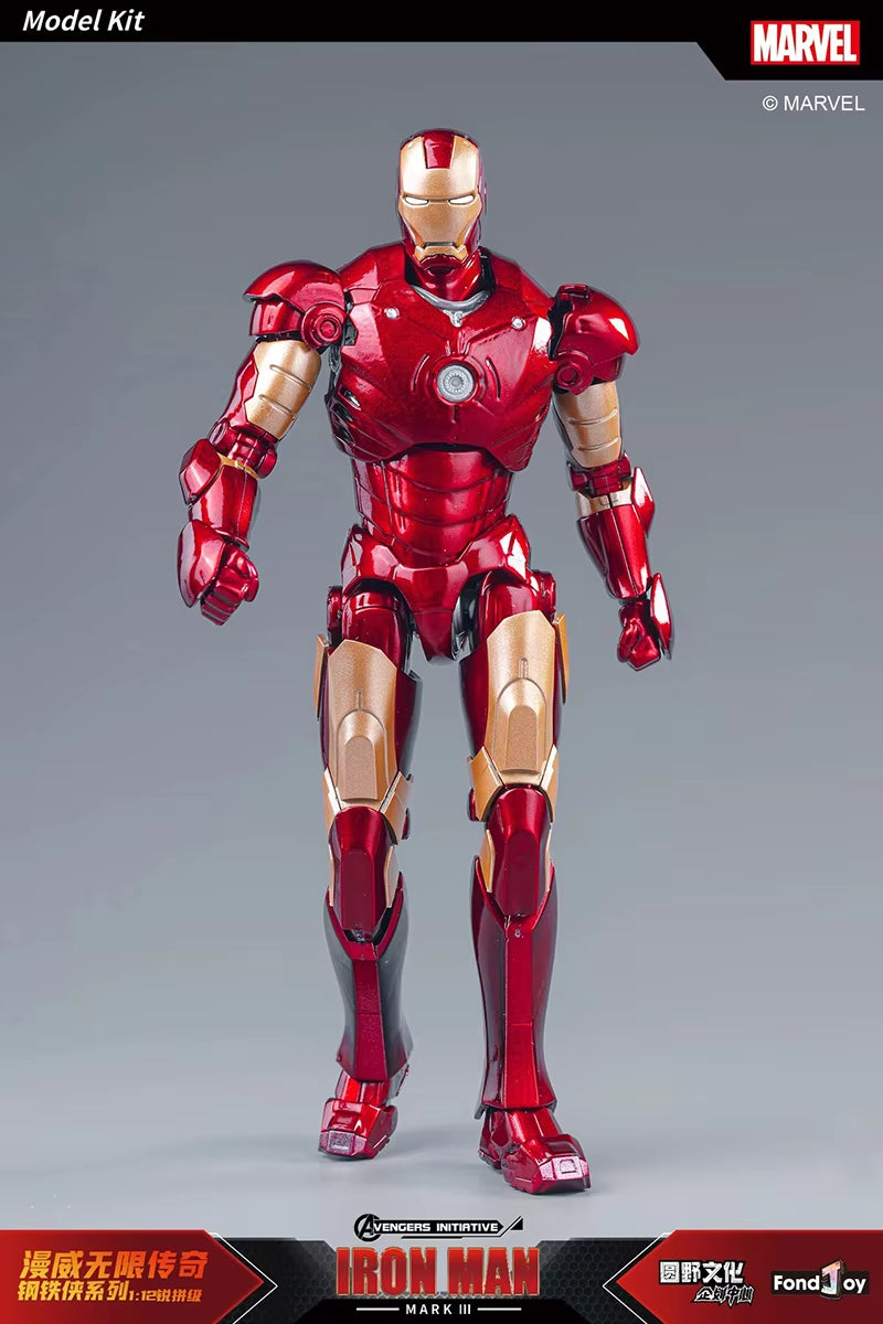 Model kit of Iron Man in red and gold armor on a gray background with Marvel branding. Marvel Studios Iron Man (Hall of Armor Series: MK1 to MK7 Independent Releases & Definitive All-In Bundle) 1/12 Scale Premium Action Figures by FondJoy