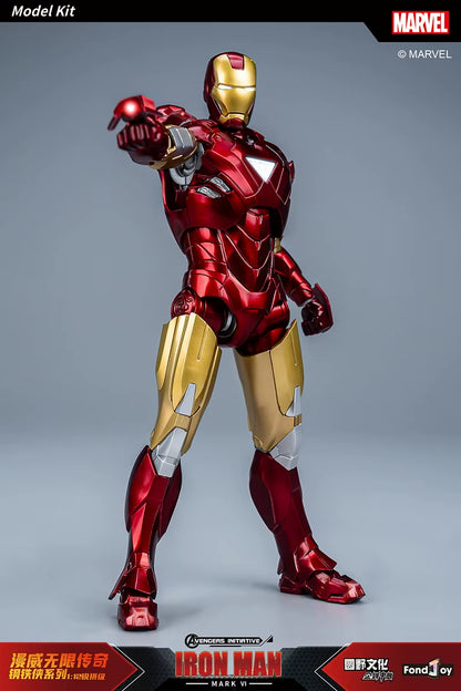 Model kit of Iron Man in red and gold suit on a gray background with Marvel branding. Marvel Studios Iron Man (Hall of Armor Series: MK1 to MK7 Independent Releases & Definitive All-In Bundle) 1/12 Scale Premium Action Figures by FondJoy