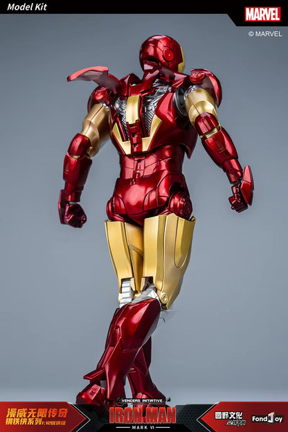 Model kit of Iron Man in red and gold armor on a gray background with Marvel branding. Marvel Studios Iron Man (Hall of Armor Series: MK1 to MK7 Independent Releases & Definitive All-In Bundle) 1/12 Scale Premium Action Figures by FondJoy