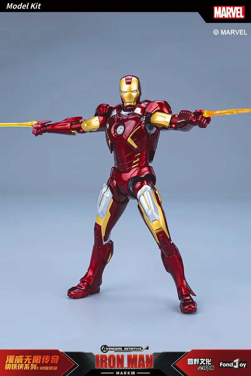 Iron Man model kit with red and gold armor on a gray background, featuring Marvel branding. Marvel Studios Iron Man (Hall of Armor Series: MK1 to MK7 Independent Releases & Definitive All-In Bundle) 1/12 Scale Premium Action Figures by FondJoy