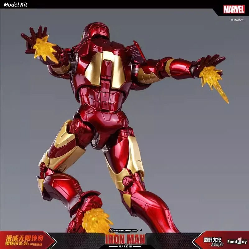 Red and gold Iron Man figure with yellow energy effects on a gray background, featuring Marvel branding. Marvel Studios Iron Man (Hall of Armor Series: MK1 to MK7 Independent Releases & Definitive All-In Bundle) 1/12 Scale Premium Action Figures by FondJoy