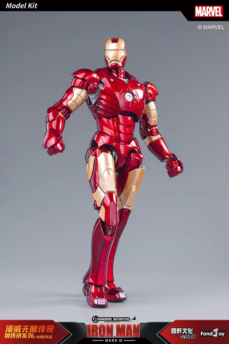 Model kit of Iron Man in red and gold armor on a gray background with Marvel branding. Marvel Studios Iron Man (Hall of Armor Series: MK1 to MK7 Independent Releases & Definitive All-In Bundle) 1/12 Scale Premium Action Figures by FondJoy