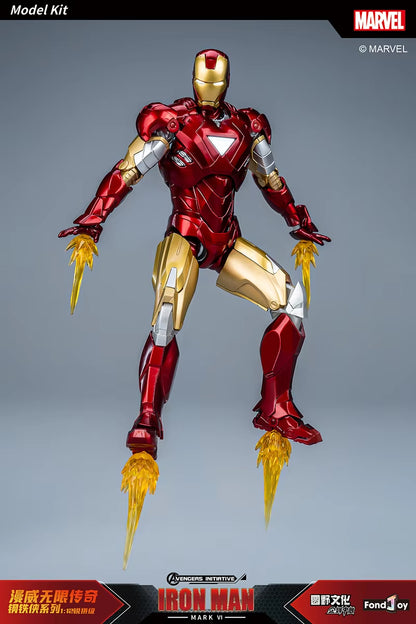 Marvel Iron Man model kit on a gray background with Marvel logo. Marvel Studios Iron Man (Hall of Armor Series: MK1 to MK7 Independent Releases & Definitive All-In Bundle) 1/12 Scale Premium Action Figures by FondJoy