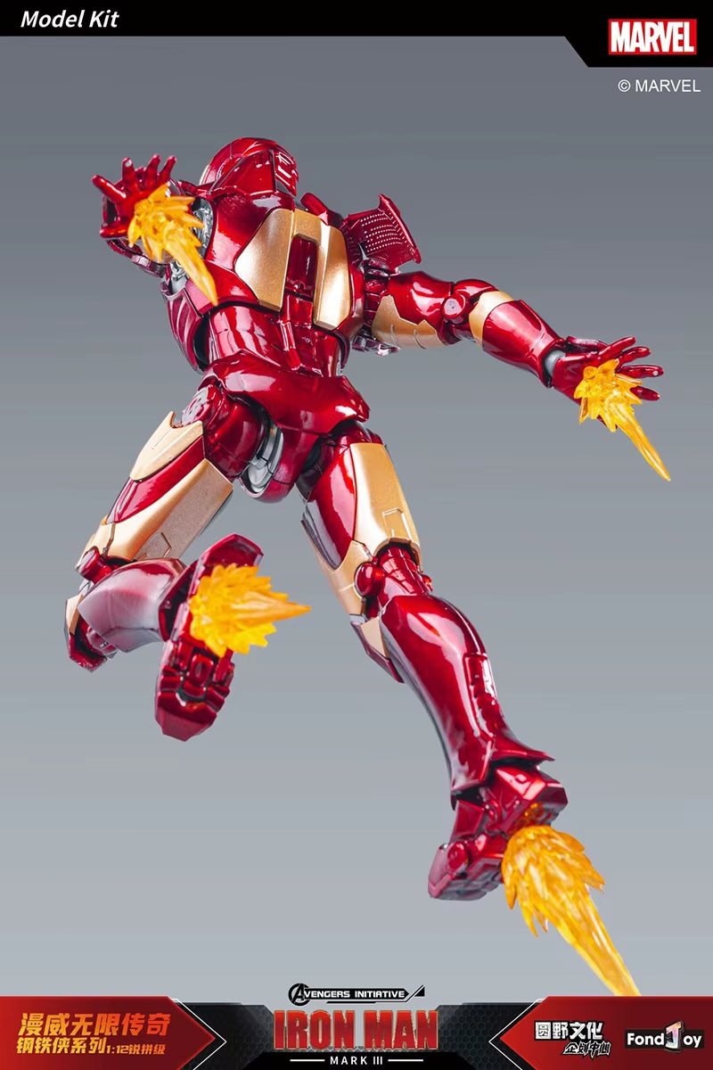 Marvel Iron Man model kit with red and gold armor on a gray background Marvel Studios Iron Man (Hall of Armor Series: MK1 to MK7 Independent Releases & Definitive All-In Bundle) 1/12 Scale Premium Action Figures by FondJoy