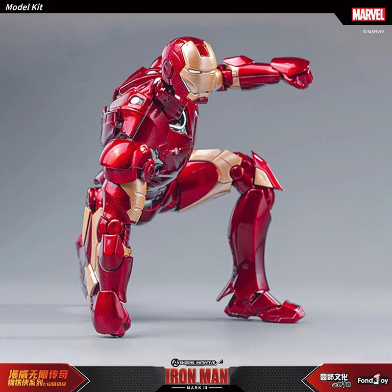 Red and gold Iron Man model kit on a gray background with Marvel branding. Marvel Studios Iron Man (Hall of Armor Series: MK1 to MK7 Independent Releases & Definitive All-In Bundle) 1/12 Scale Premium Action Figures by FondJoy 