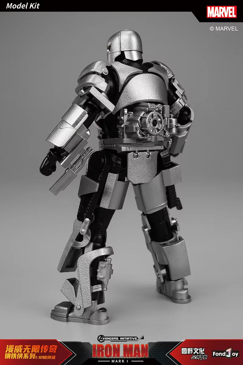 Model kit of Iron Man Mark VII with Marvel branding on a gray background Marvel Studios Iron Man (Hall of Armor Series: MK1 to MK7 Independent Releases & Definitive All-In Bundle) 1/12 Scale Premium Action Figures by FondJoy