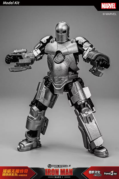 Model kit of Iron Man in metallic silver and gray on a gray background with Marvel branding. Marvel Studios Iron Man (Hall of Armor Series: MK1 to MK7 Independent Releases & Definitive All-In Bundle) 1/12 Scale Premium Action Figures by FondJoy